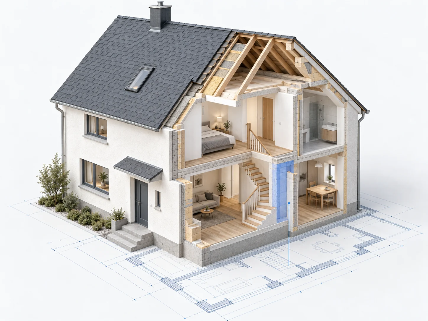 Architektonische Illustration eines aufgeschnittenen Wohnhauses mit sichtbaren Räumen, Materialschichten und technischen Planlinien.